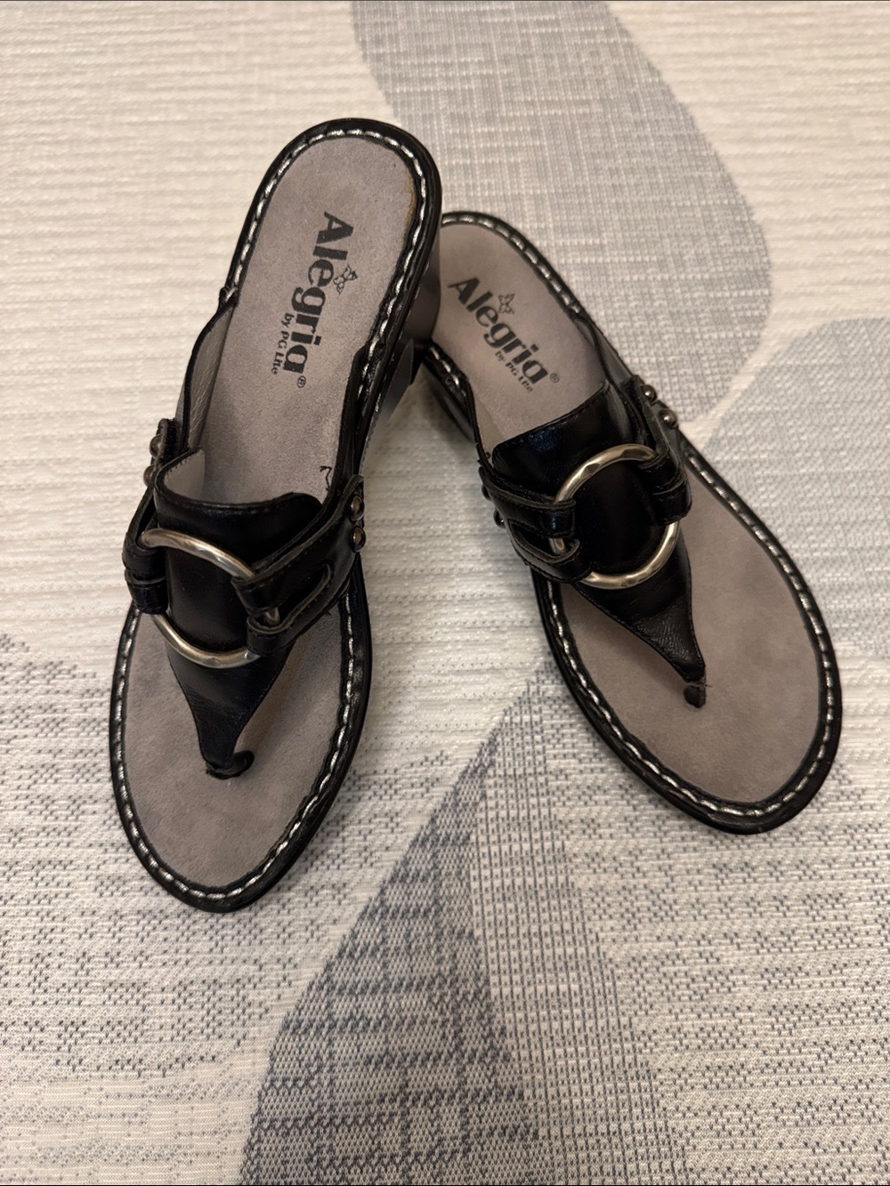 Alegria Black Leather Thong Sandals with Silver-Tone Rings